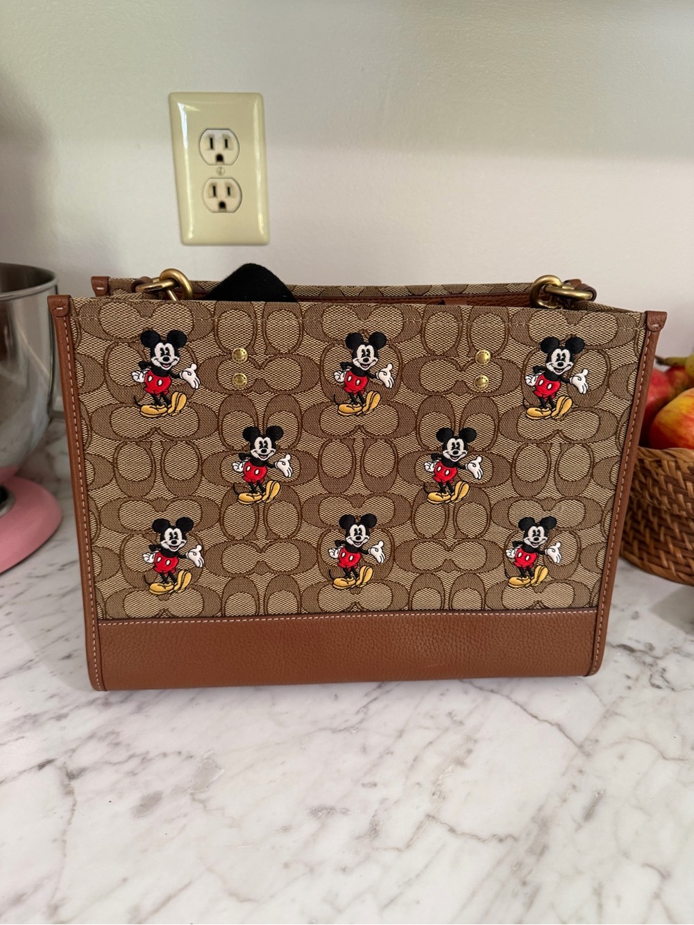 Coach Brown Signature Canvas Mickey Shoulder Bag with Tan Leather Trim